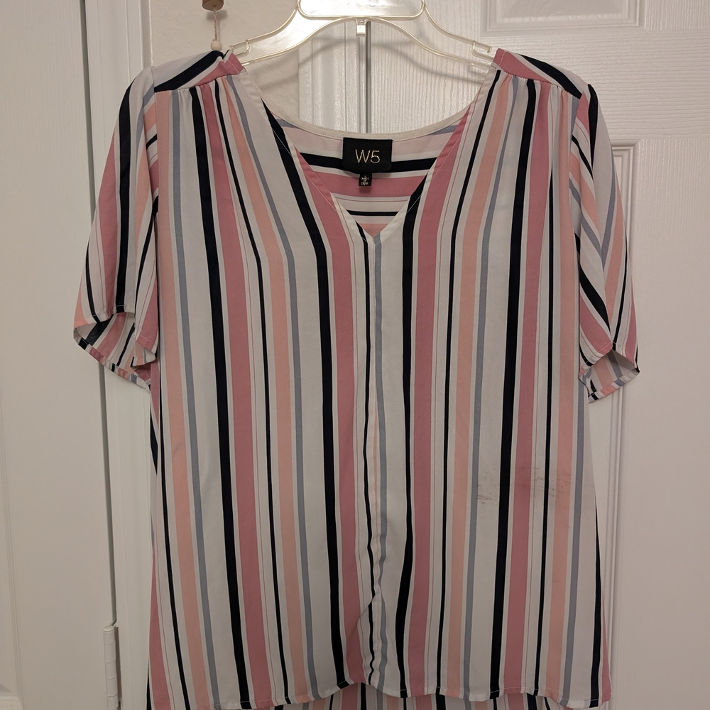 W5 Pink and White Boxy Blouse with V-Neck